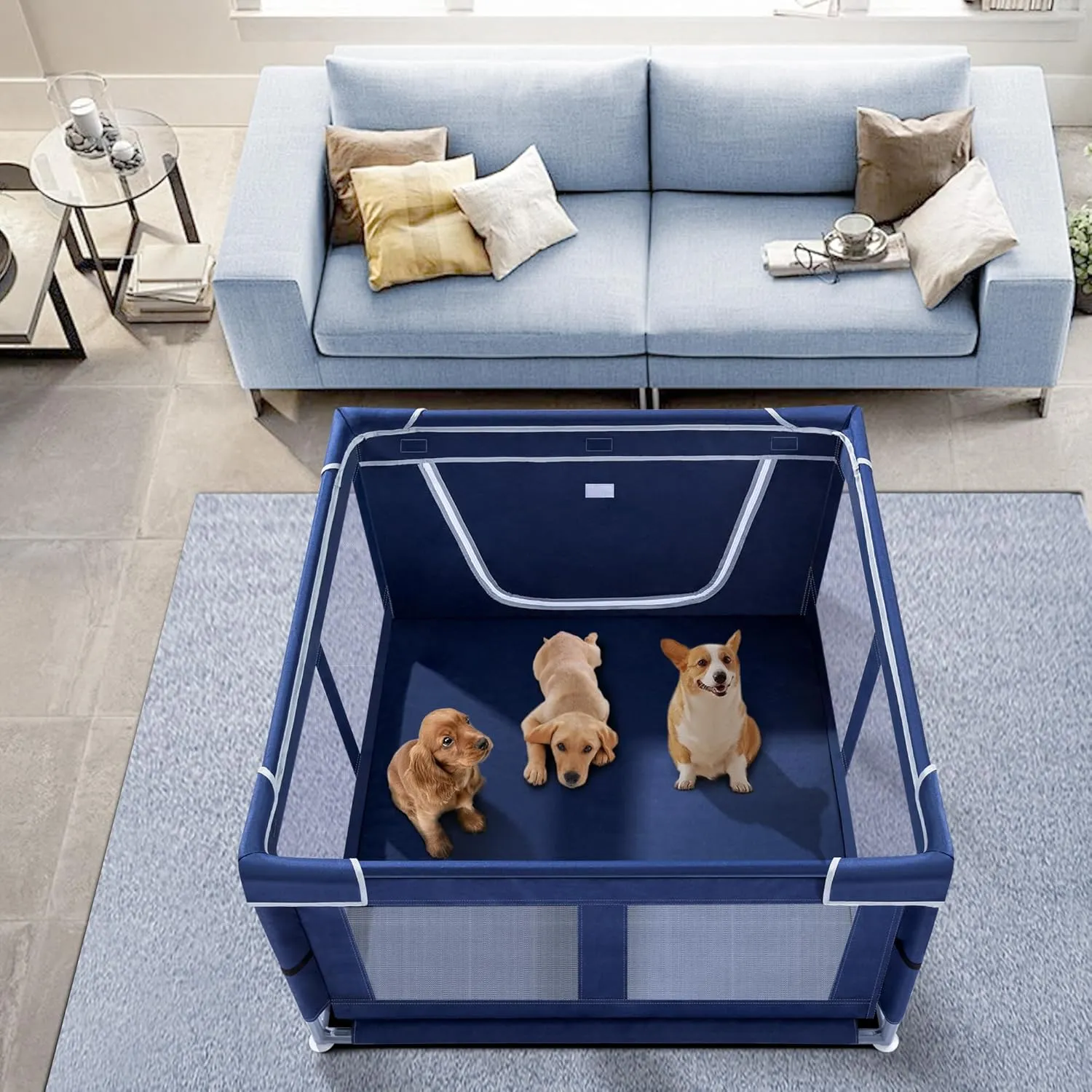 Puppy Playpen Indoor for Small Pets, 42x42x25 Inch, Dog Play Pen with Gate, Portable Oxford Fabric Pet Exercise Pen, Anti-Tipping Enclosure with Zipper Door