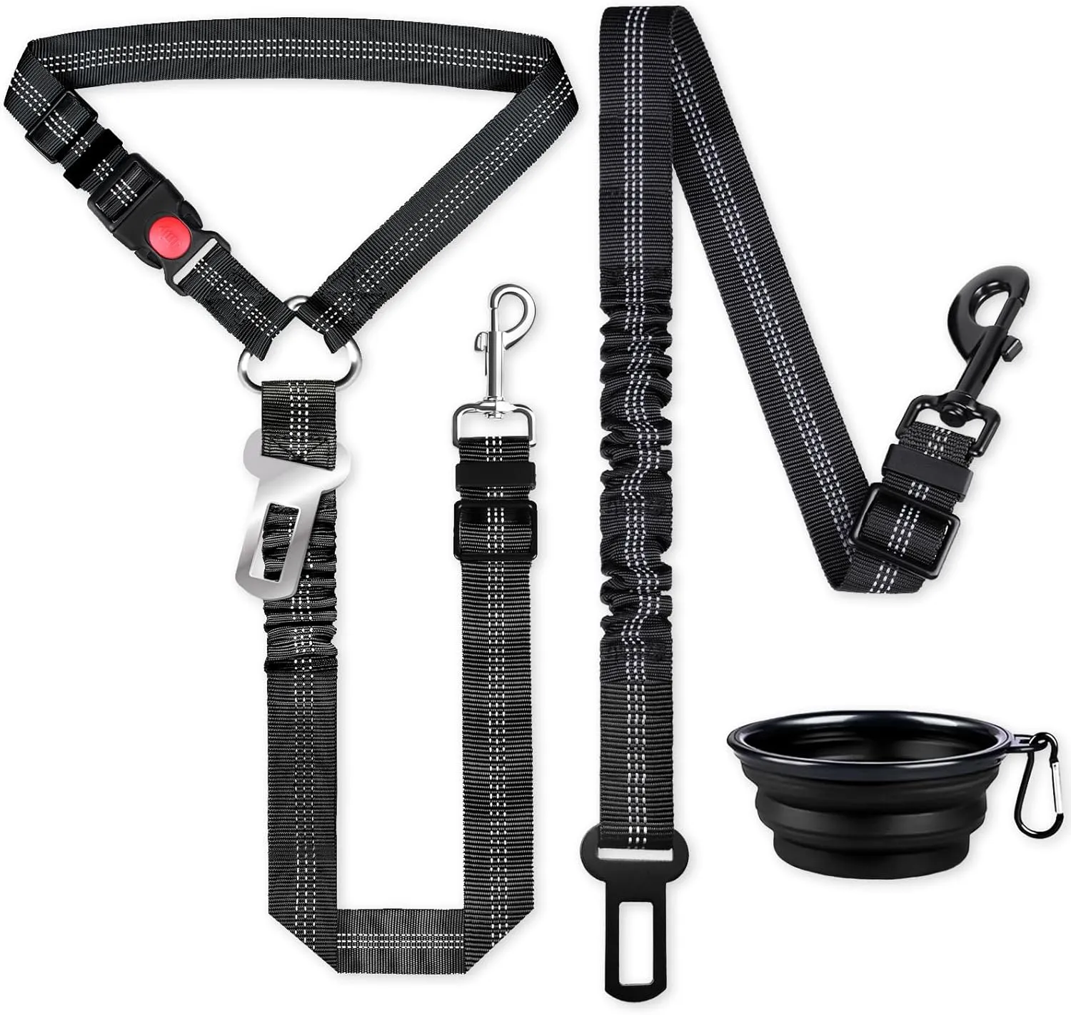 Retractable Dog Car Harness - 3 Piece Set Adjustable Seatbelt with Reflective Leash, Heavy Duty Nylon, Black