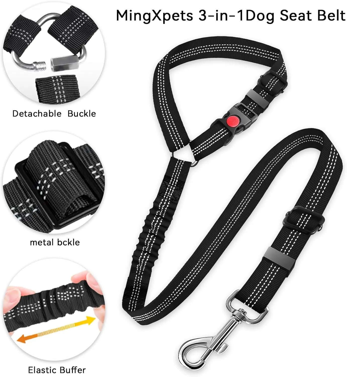 Retractable Dog Car Harness - 3 Piece Set Adjustable Seatbelt with Reflective Leash, Heavy Duty Nylon, Black