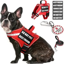 Service Dog Vest ID Tag Leash 6 Pcs Patches,Air Mesh Service Dog Harness with 2 Handles Dog Leash,2-Sided Metal Tag for Service Animals for Walking Training,No Pull Pet Harness Set Red M