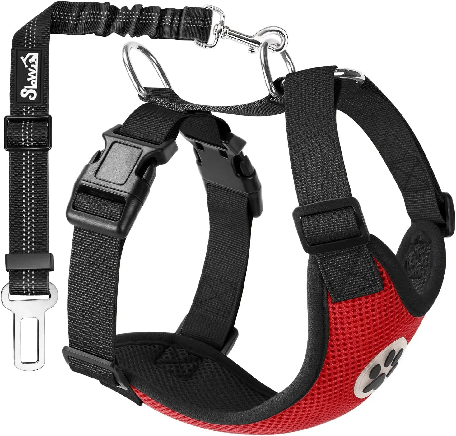 SlowTon Dog Seat Belt Harness for Car, Dog Car Harness Adjustable Mesh Breathable & Dog Seatbelt Safety Tether with Elastic Bungee for Small Medium Large Pets(Red, Single Clip, M)