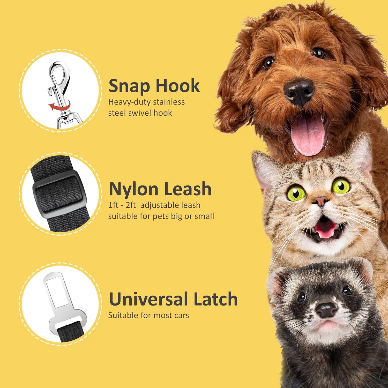 SunGrow Dog Seat Belt for Car, Adjustable Nylon Pet Seatbelt, Supports All Cars, Dog Car Leash Seat Belt, Seatbelt for Dogs, Cats & Ferrets Travel Harness