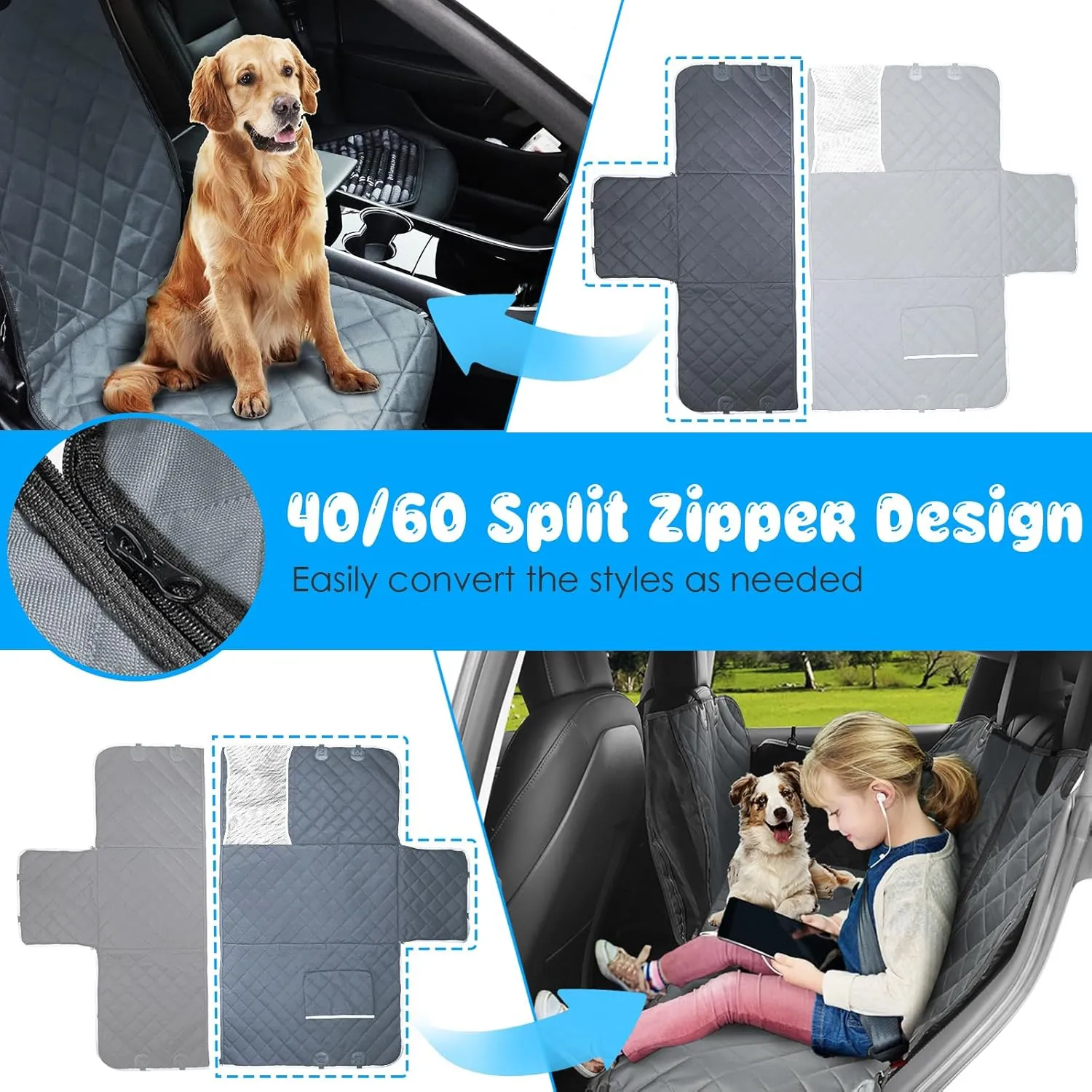 URPOWER 6-in-1 Dog Car Seat Cover for Back Seat, 40/60 Split, Waterproof Dog Car Hammock with Mesh Window & Side Flap, Pet Backseat Protector for Car, SUV, Truck