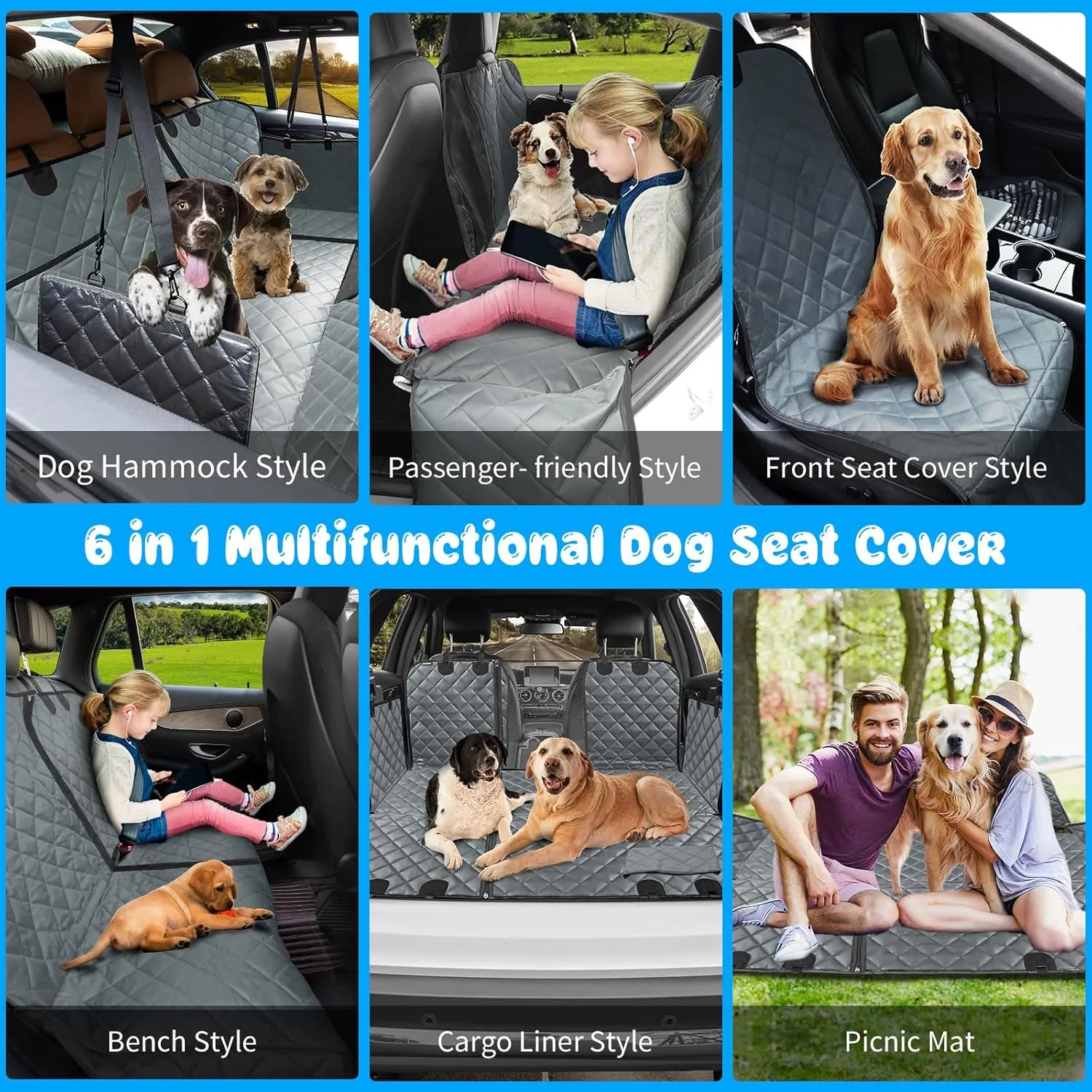 URPOWER 6-in-1 Dog Car Seat Cover for Back Seat, 40/60 Split, Waterproof Dog Car Hammock with Mesh Window & Side Flap, Pet Backseat Protector for Car, SUV, Truck