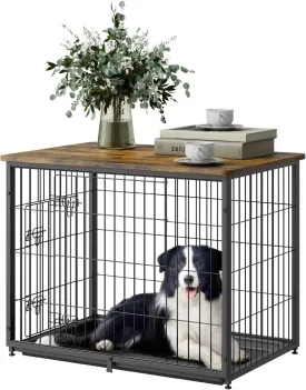 VEVOR 33" Dog Crate Furniture With Double Doors, 2-in-1 Decorative Wooden Kennel End Table, Removable Tray, Holds up to 45 lbs for Small, Medium Dogs, Brown