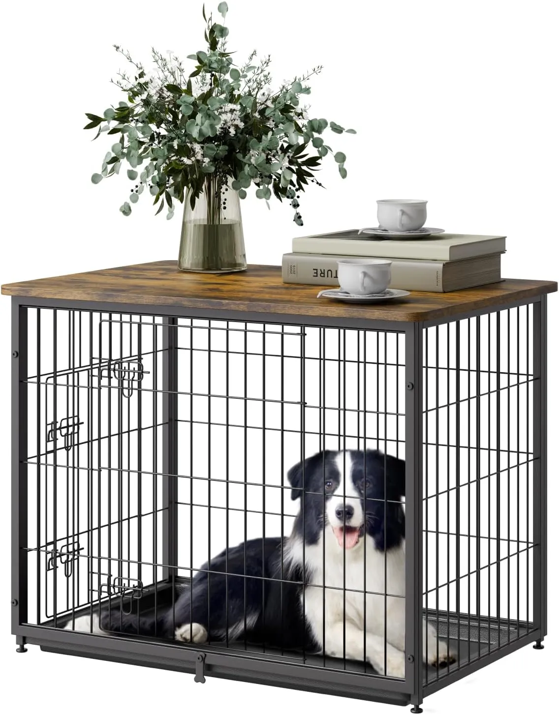 VEVOR 33" Dog Crate Furniture With Double Doors, 2-in-1 Decorative Wooden Kennel End Table, Removable Tray, Holds up to 45 lbs for Small, Medium Dogs, Brown