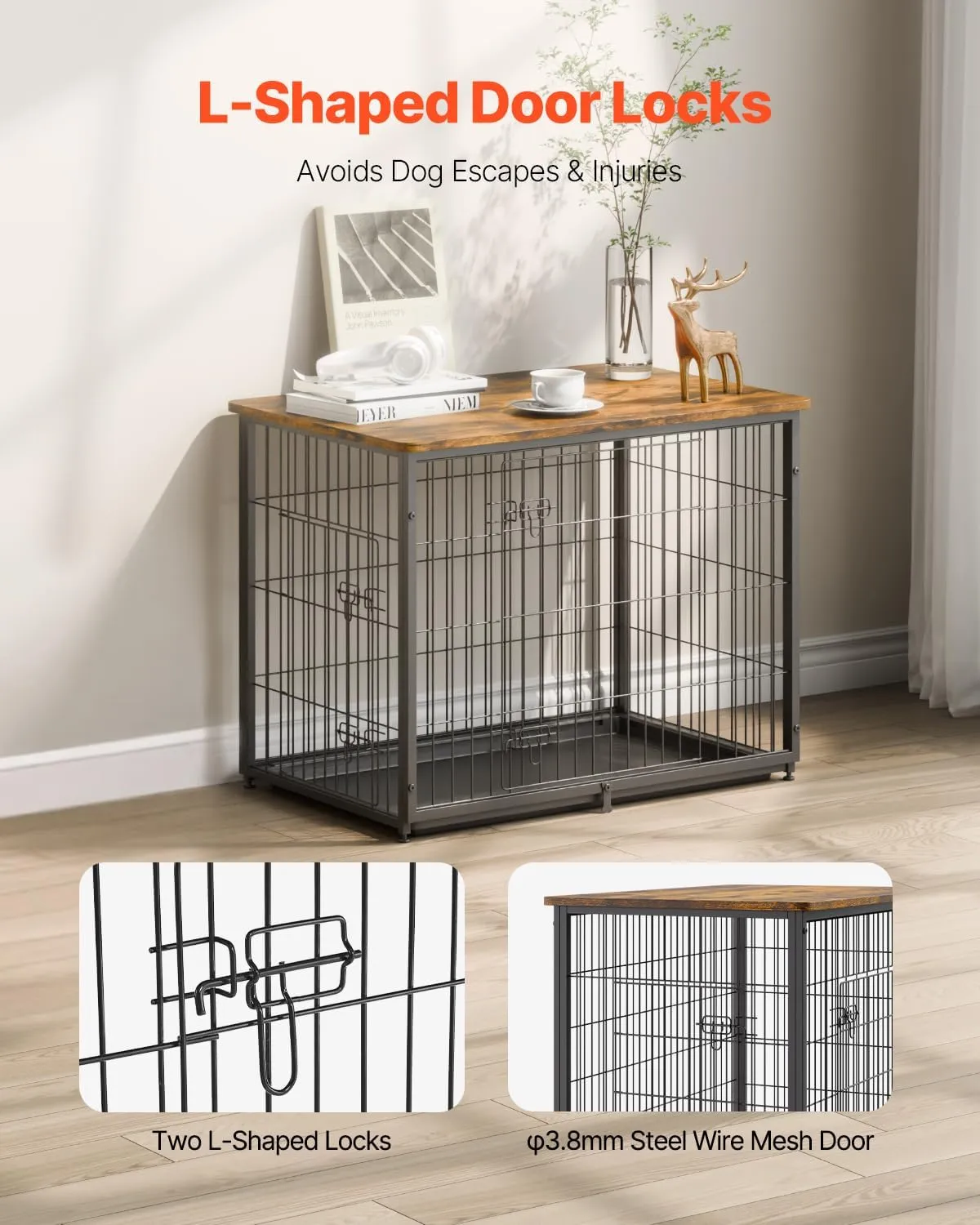 VEVOR 33" Dog Crate Furniture With Double Doors, 2-in-1 Decorative Wooden Kennel End Table, Removable Tray, Holds up to 45 lbs for Small, Medium Dogs, Brown