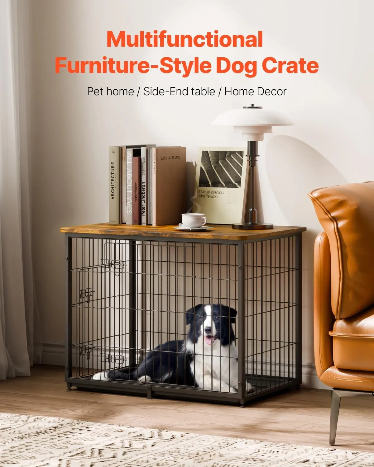 VEVOR 33" Dog Crate Furniture With Double Doors, 2-in-1 Decorative Wooden Kennel End Table, Removable Tray, Holds up to 45 lbs for Small, Medium Dogs, Brown