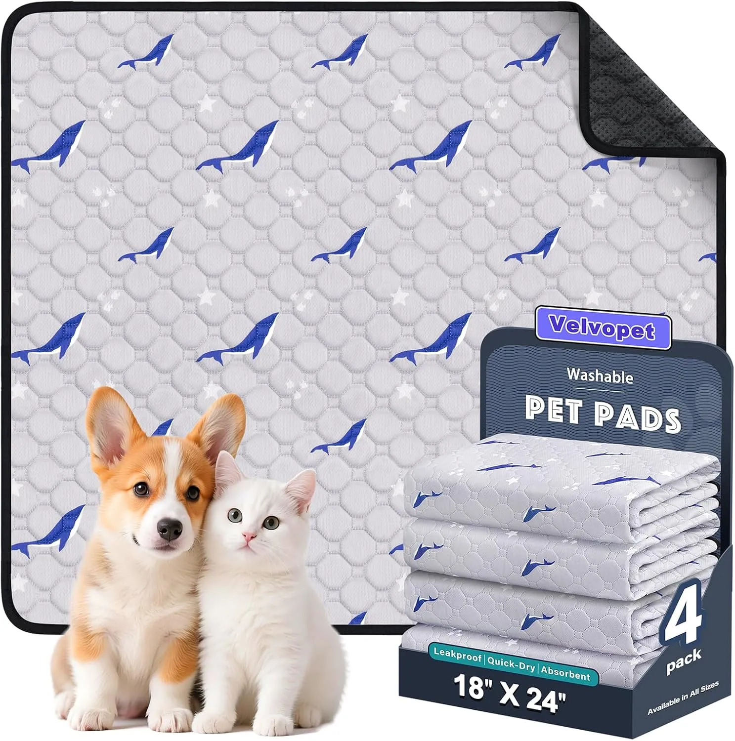 Washable Pee Pads for Dogs, 4 Pack Puppy Pads, Super Absorbent & Leakproof with Anti-Slip Bottom for Dog Training, Crates, Car, Pet Pee Pads, and Furniture Protection, 18"x24"