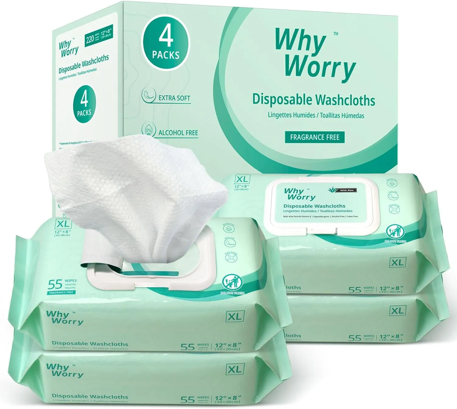 Wet Wipes for Adults, 8"x12" Extra Large Body Cleansing Wipes for Elderly & Incontinence, Extra Thick Adult Washcloths Disposable with Aloe & Vitamin E, Unscented, 220 Count (4 Packs of 55)