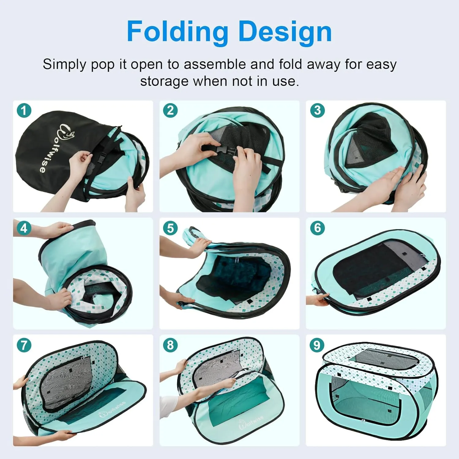 Wolfwise Pet Playpen, Pop Up Portable Dog Crate Indoor, 600D Oxford Portable Exercise Puppy Kennel, Soft Cat Tent Kitten Cage for Outdoor Camping Travel Use with Carrying Bag, Large,Green
