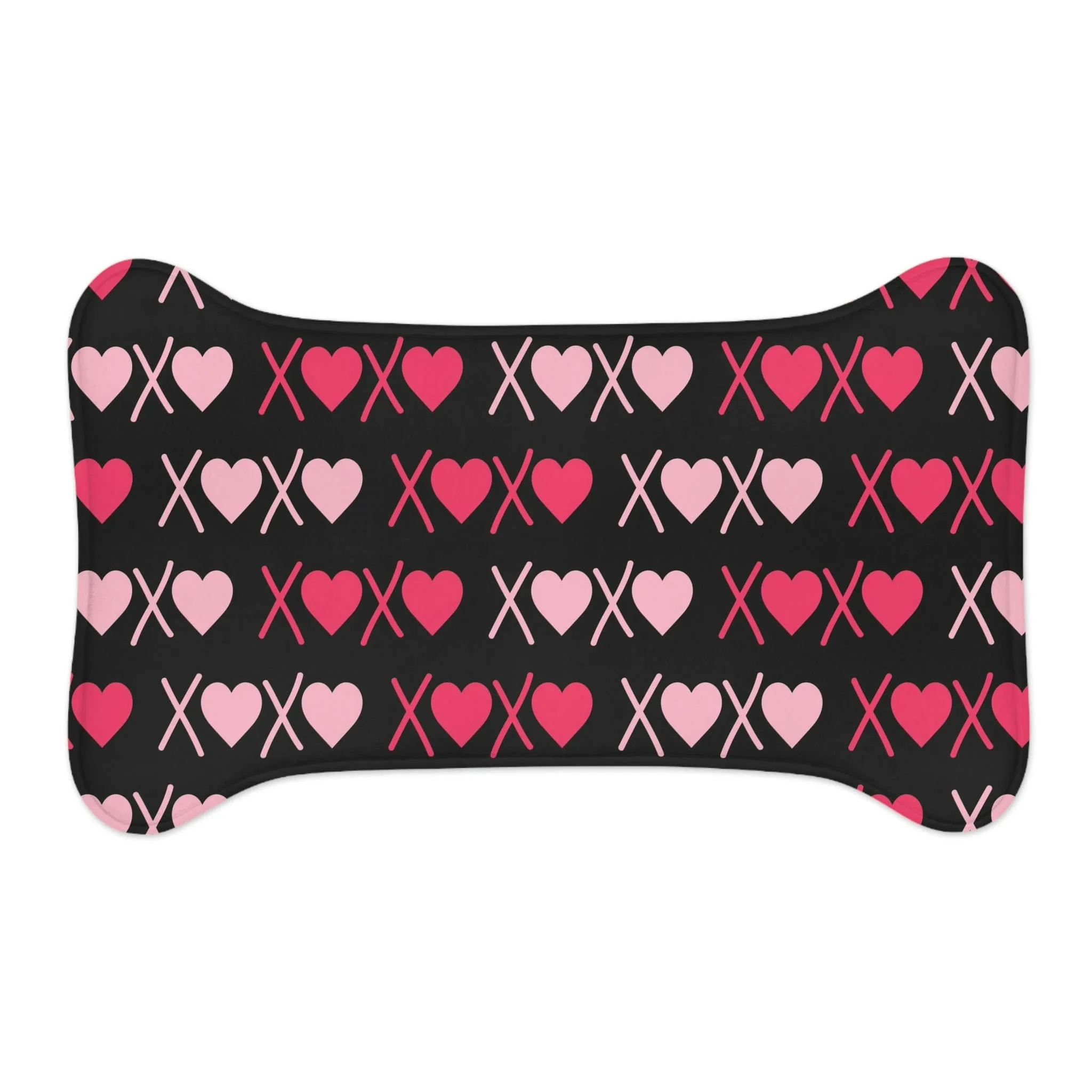 XoXo Pink Heart Pattern Bone Shape Pet Feeding Mat Black for Cats/Dogs