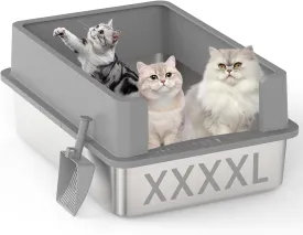 XXXL Stainless Steel Litter Box for Cats, 28''x20''x12'' Extra Large Metal Litter Box with High Sided Lid, for Big Cats, Multi-Cat Household, Non-Sticky & Easy to Clean