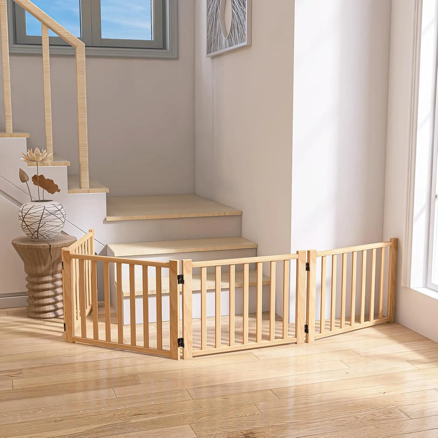YOCAN Paint-Free Wooden Freestanding Dog Gates for The House,Doorways, Stairs,Wood Dog Fences Indoor Pet Gate,Step Over Fence-4 Panel H:16.9"
